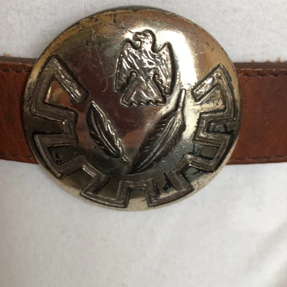 Brown Leather Cowboy Belt with Silvertone Accents - Picture 8 of 10